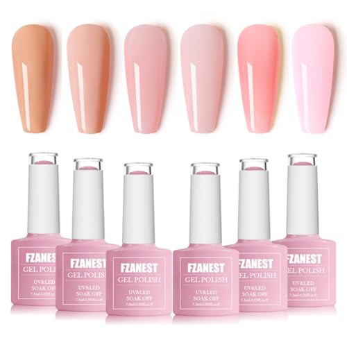FZANEST Gel Nail Polish Jelly Nude Set,Sheer Natural Milky Pink 6 Colors Gel Polish Nail Kit Soak Off LED UV Varnish Nail Art Manicure Kit