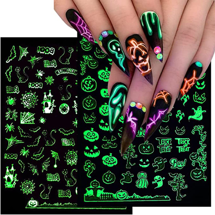 Halloween Nail Art Stickers 3D Luminous Nail Decals Self Adhesive Acrylic Nail Art Supplies Pumpkin Spider Specter Design Nail Charms Skull Nail Stic