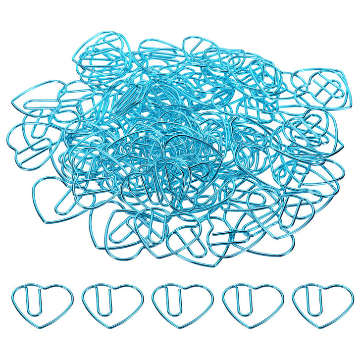 MECCANIXITY Paper Clip Heart-Shaped Cute Decorative Fun Clips Bookmarks 1.1 Inch Blue for Organize Office Home, Pack of 100