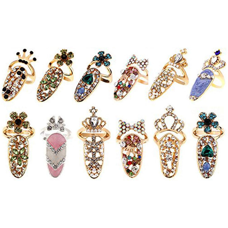 CosCosX 12 Pcs Women Luxury Fingernails Ring Fashion Bowknot Knuckle Nail Ring Decoration Tip Nail Art Charm Crown Flower Crystal Rhinestone Finger N