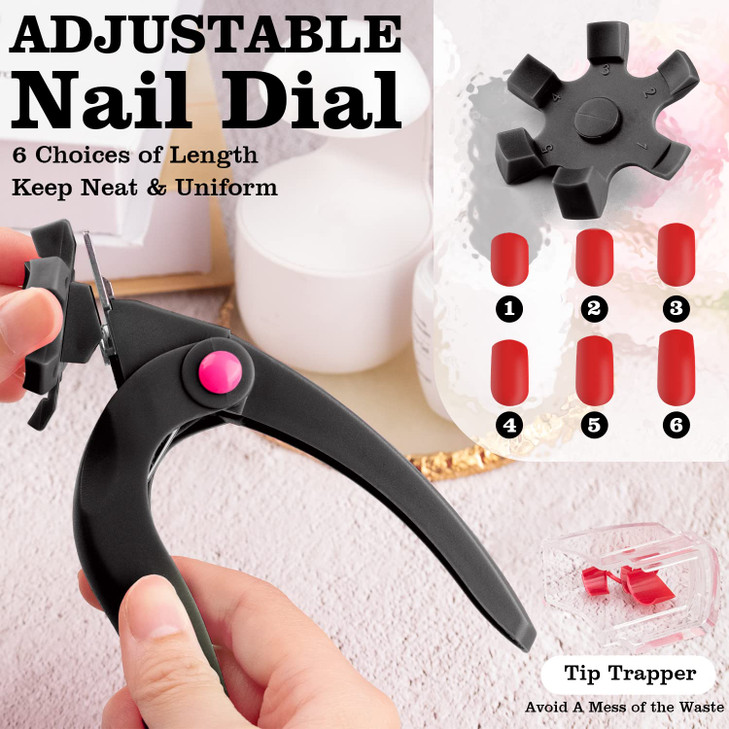 Belleboost Adjustable Acrylic Nail Clippers with Sizer, Catcher and Length Measurement, Black Professional Dial Stainless Steel Blade Nail Tips Cutte