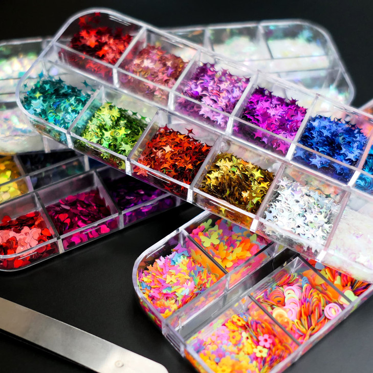 AddFavor 4 Boxes Nail Glitter Mixed Shaped Holographic Heart Star Nail Sequins Flakes Lash Decals for Nail Art Decoration/False Eyelash Decor