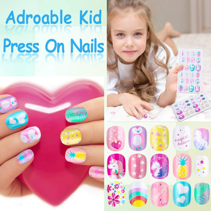 144 Pieces Press on Nails Grils, Thrilez Children Fake Artificial False Nail Tips Pre Glue Full Cover Short Acrylic Nails for Girls Kids Nail Art Dec