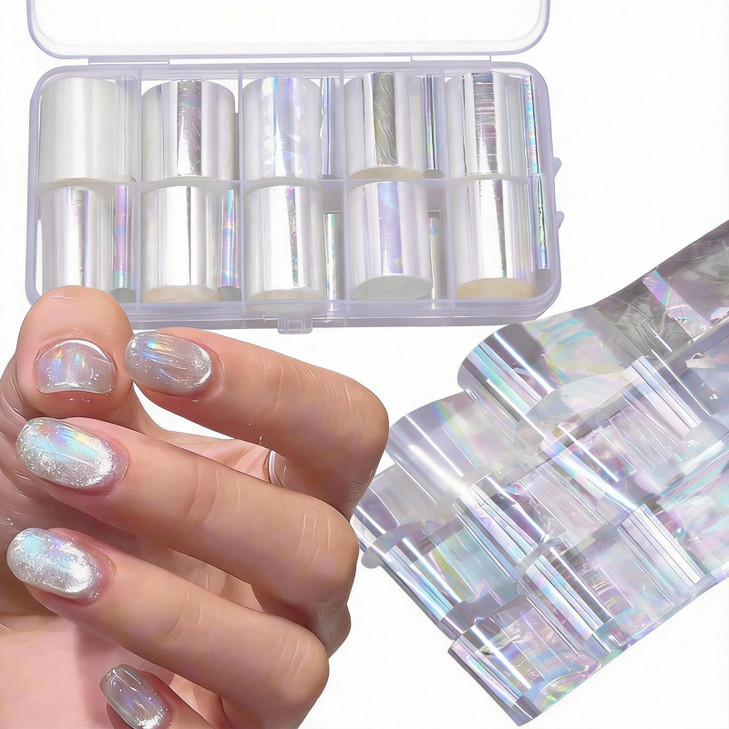 WOKOTO 10 Rolls White Pearl Color Holographic Nail Art Foil Transfer Roll Set Mix-Pattern Stickers Nails Transfer Decals Wraps Kit(1.0inchs*39.4inchs