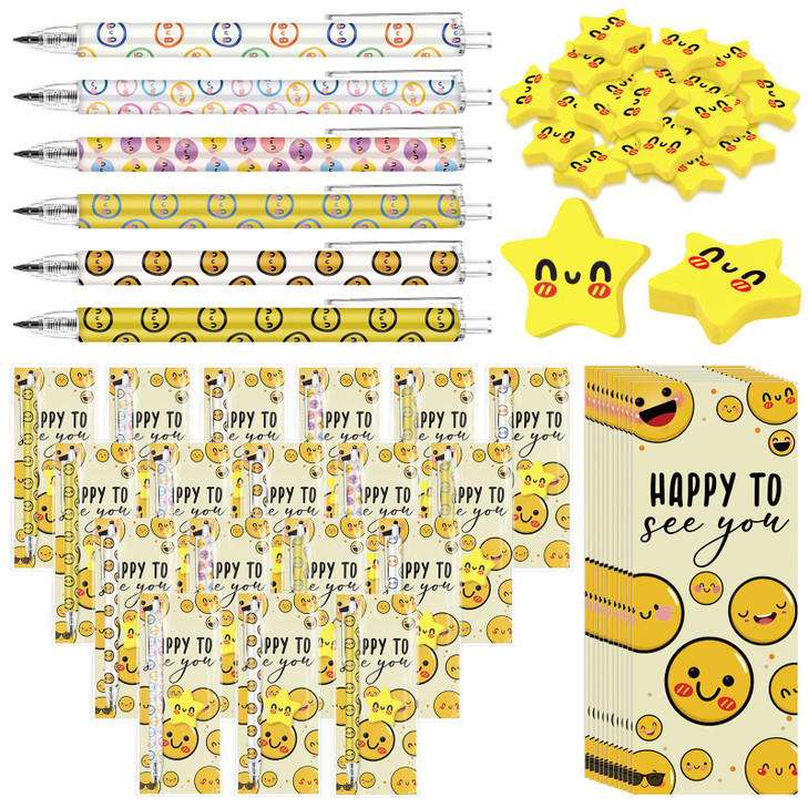 AmazingSpark 24 Sets Positive Affirmation Gift Bulk Include Happy Eternal Smile Pencil Yellow Smile Face Eraser Happy to See You Bookmark Card Inspir