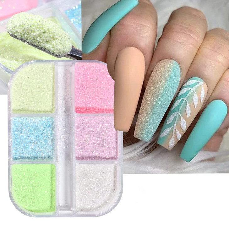 Holographic Luminous Nail Powder Glitter Kit,6 Colors Nail Art Supplies 3D Sparkly Fluorescent Pigments Acrylic Nails Powder Dust Mermaid Shinning Gl