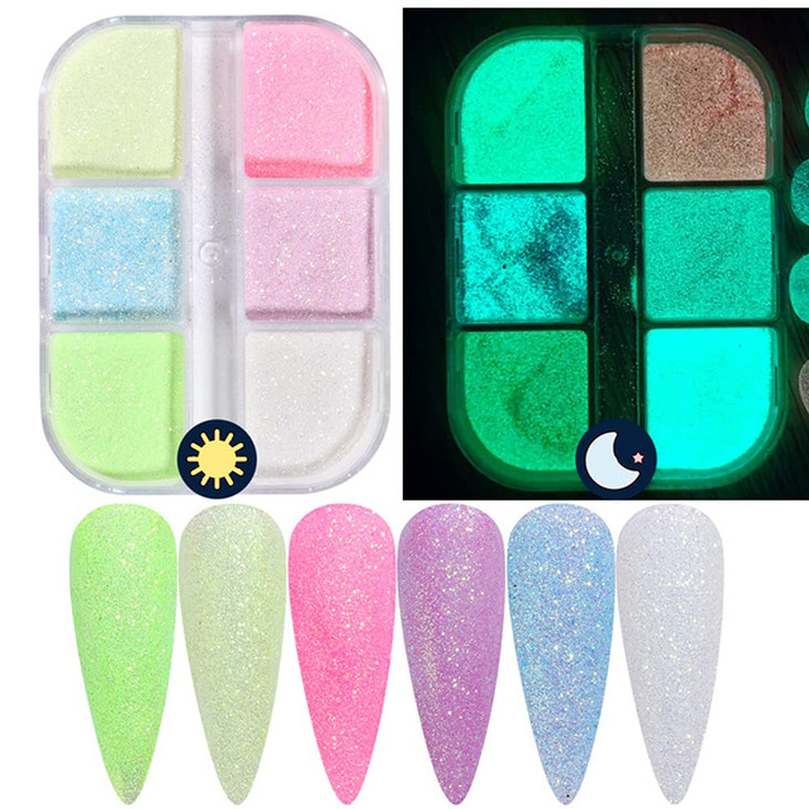 Holographic Luminous Nail Powder Glitter Kit,6 Colors Nail Art Supplies 3D Sparkly Fluorescent Pigments Acrylic Nails Powder Dust Mermaid Shinning Gl