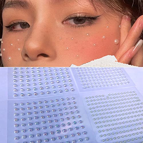 4 Sheets White Pearl Self Adhesive Stickers, Pearl Nail Charms Nail Art Decals 3D Mermaid Nail Rhinestone Stickers White Flat Back Pearls Glitter Sti