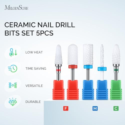 MelodySusie Ceramic Nail Drill Bits Set, 3/32'' (2.35mm) Professional Acrylic Nail File Drill Bit for Manicure Pedicure Cuticle Gel Nail Polishing 5P