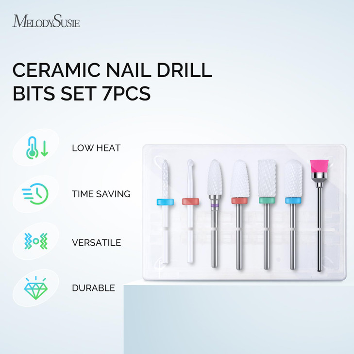 MelodySusie Ceramic Nail Drill Bits Set, 3/32'' (2.35mm) Professional Acrylic Nail File Drill Bit for Manicure Pedicure Cuticle Gel Nail Polishing 7P