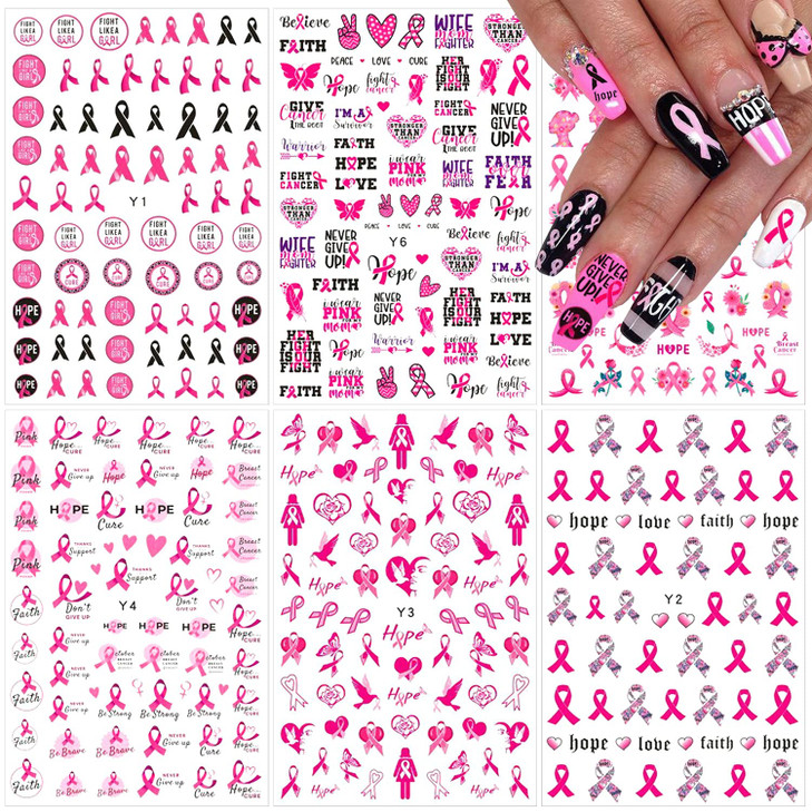 6 Sheets Breast Cancer Nail Art Stickers 3D Self-Adhesive Nail Decals Pink Ribbon Nail Stickers Heart Breast Cancer Awareness Nail Decoration for Wom