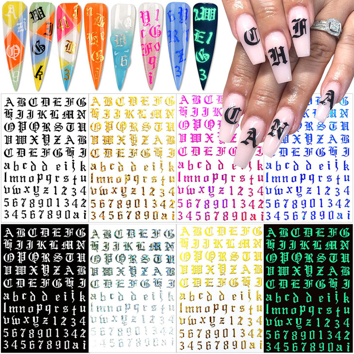 Letter Nail Art Stickers Number Nail Decals Nail Art Supplies Old English Alphabet Nail Sticker Designs Holographic English Font Letters Stickers for
