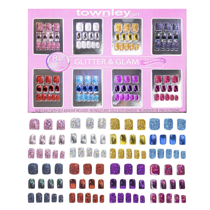 Townley Girl 96 Pcs Glitter-Glamup & Metallic Press-On Nails Artificial Fake False Nails Set for Tweens with Pre-Glue Full Cover Acrylic Nail Tip Kit