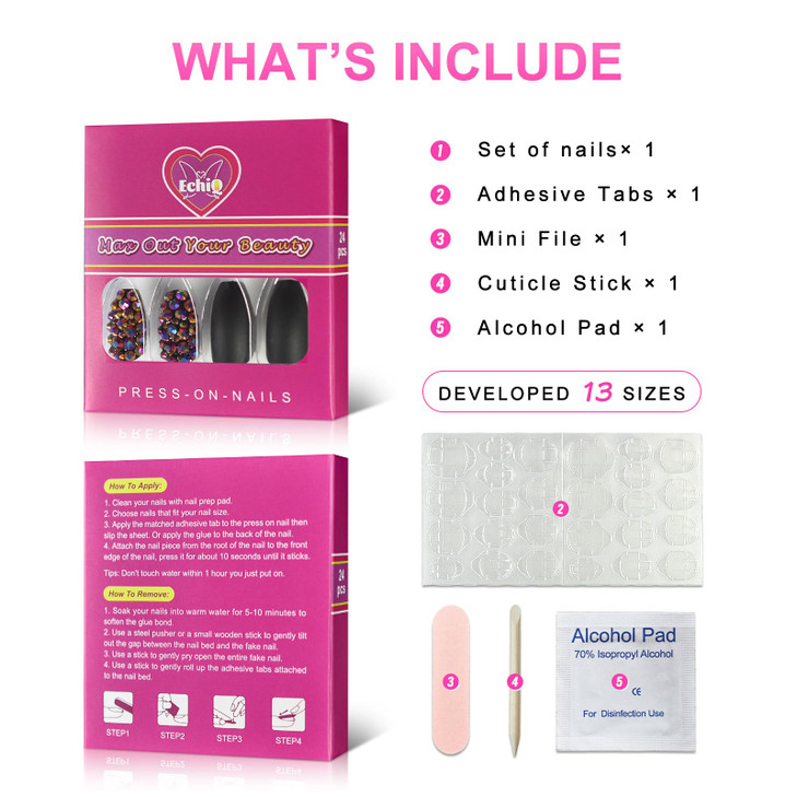 Frosted Coffin Nails Set Crystal Press On Nails Matte Black Medium False Nails Custom 24pcs