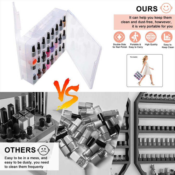 SUBAY Portable Nail Polish Organizer, Clear Double Side Nail Polish Holder,Gel Nail Storage for 48 Bottles with 6 Adjustable Dividers in Each Side Sp