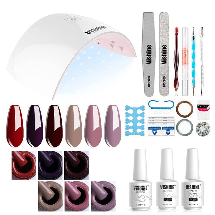Gel Nail Polish Starter Kit - Vishine 6 Corals Colors Gel Polish Set Base Top Coat, 36W LED Nail Dryer Lamp with Full DIY Gel Manicure Nail Tools 8ml
