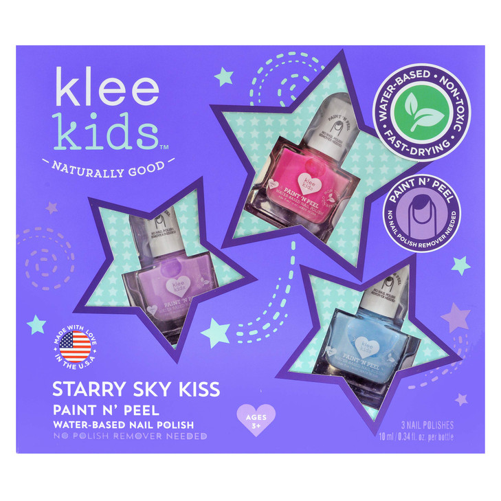 Klee Kids Water-Based Peelable Nail Polish Gift Set. Odor-Free. Non-Toxic. Made in USA. (Starry Sky Kiss)