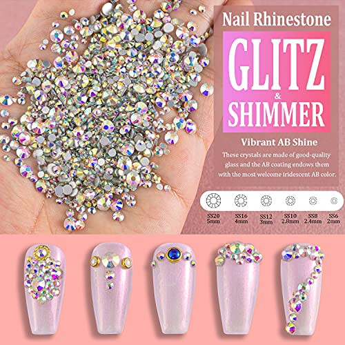 Multi Shapes 3D Glass AB Crystal Nail Art Rhinestones Kit with Flatback Round Bead Charm Gem Stone Jewelry Diamond with Pickup Pen + Tweezer for Mani
