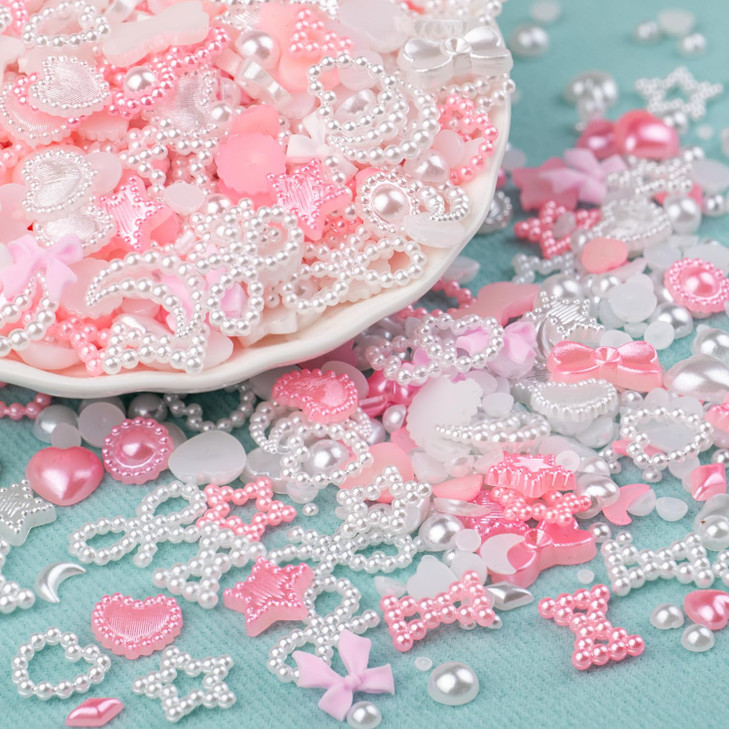 1200Pcs 3D Multi Shapes Nail Charms and Flatback Pearls, White&Pink Mix Styles Heart Star Bow Sunflower Embellishments for Nail Art, Craft and Decora