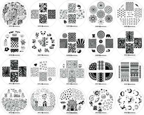 Winstonia Nail Art Stamping Plate 20 pcs Bundle Set Manicure Decoration Templates - Water-marbling, Floral, Galaxy, Fantasy, Lace, Pandas and more