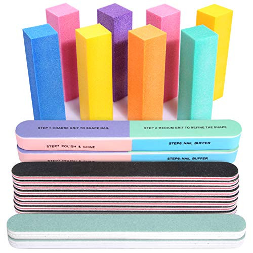 FANDAMEI Nail Files and Buffers, 20PCS Nail File Kit. Rectangular Nail Buffer Block & 100/180 Grit 7 Way Nail File & Polishing Buffer. Nail Prep Kit.