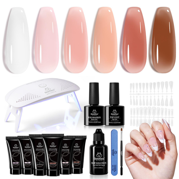 Beetles Poly Nail Gel Kit - 6 Colors Jelly Nude Extension Kit with Slip Solution Builder Nail Enhancement for Beginner & Professional Long Lasting DI