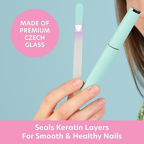 Bona Fide Beauty Czech Glass Nail File with Case, Pastel Green Violet Premium Crystal Nail File for Natural Nails. Nail Care Tool Gifts for Women