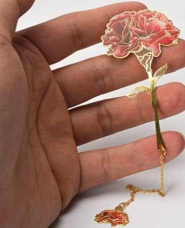 1Pc Red Carnation Metal Bookmarks with Chain,Hollow Lotus Flower Design Bookmark,Book Covers and Book Accessories,Gift for Readers,Best Friend,Teache