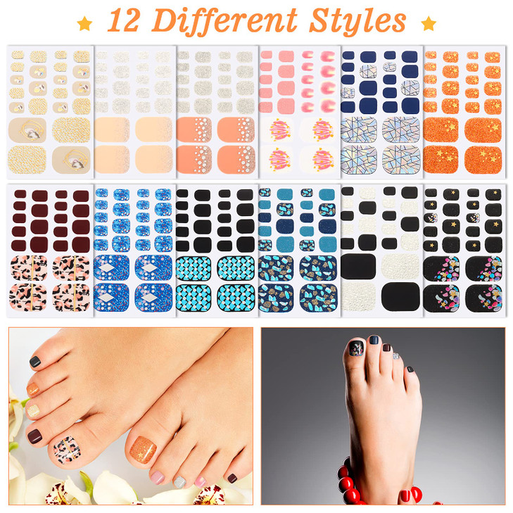 Maitys 264 Pieces 12 Sheets Toe Nail Stickers Self Adhesive Full Nail Wraps Toenail Art Polish Stickers Strips Manicure Accessories Glitter Decals wi