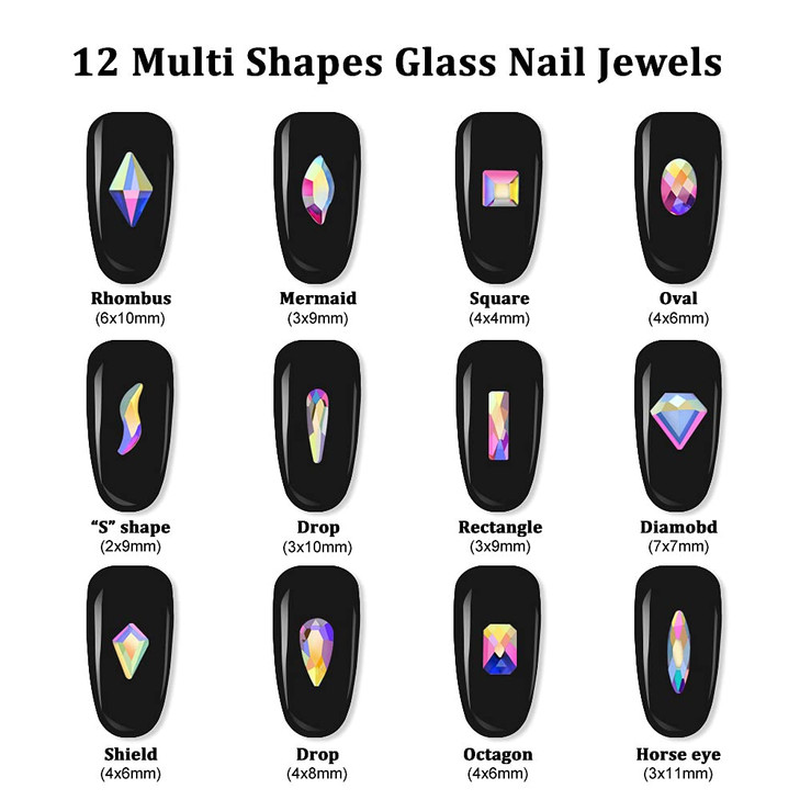 Glass Crystal AB Nail Jewels & Flatback Rhinestones Kit - Multi Shape Nail Gems & Diamonds 3D Charms with Wax Pencil & Tweezers