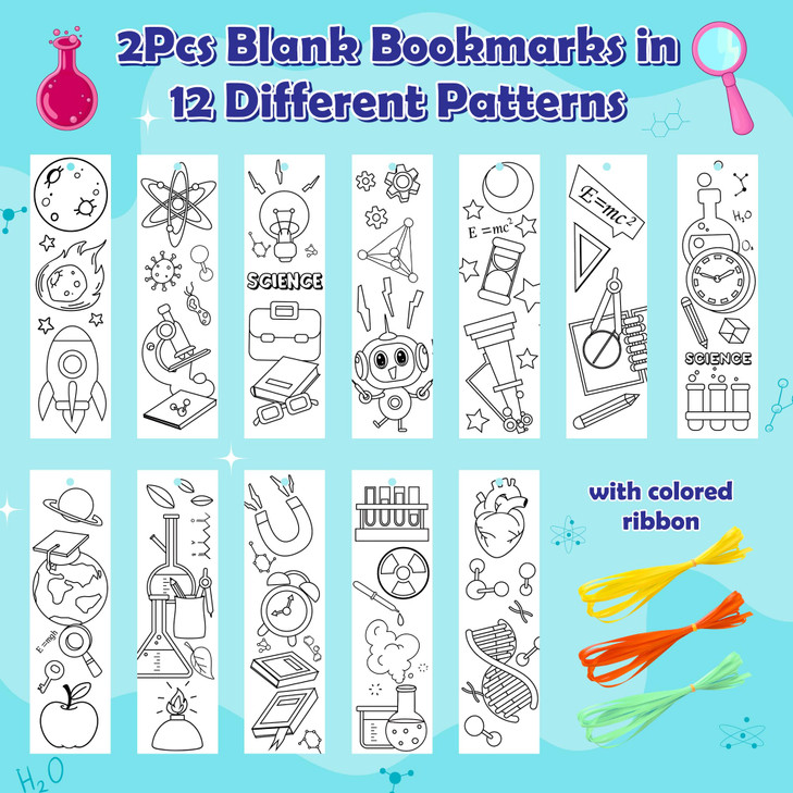 72Pcs Science Color Your Own Bookmarks for Kids Funny Chemistry lab Astronaut DIY Coloring Blank Book Marker for Teacher Student Classroom Reading Cl