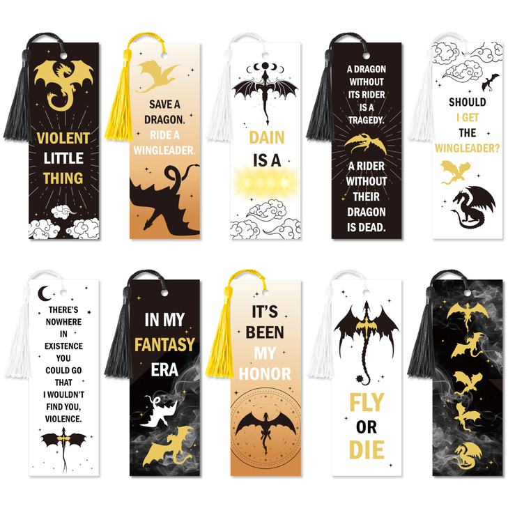 BHronony Dragon Bookmarks for Book Lover - 10pcs Wing Dragon Merch Book Marks Bulk with Tassels for Bookish Gift, Fantasy Double-Sided Bookmark with