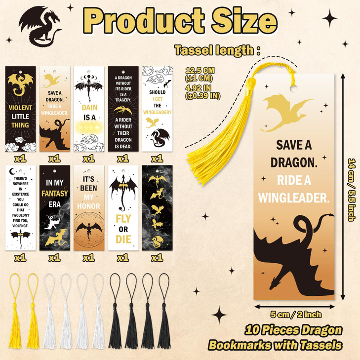 BHronony Dragon Bookmarks for Book Lover - 10pcs Wing Dragon Merch Book Marks Bulk with Tassels for Bookish Gift, Fantasy Double-Sided Bookmark with