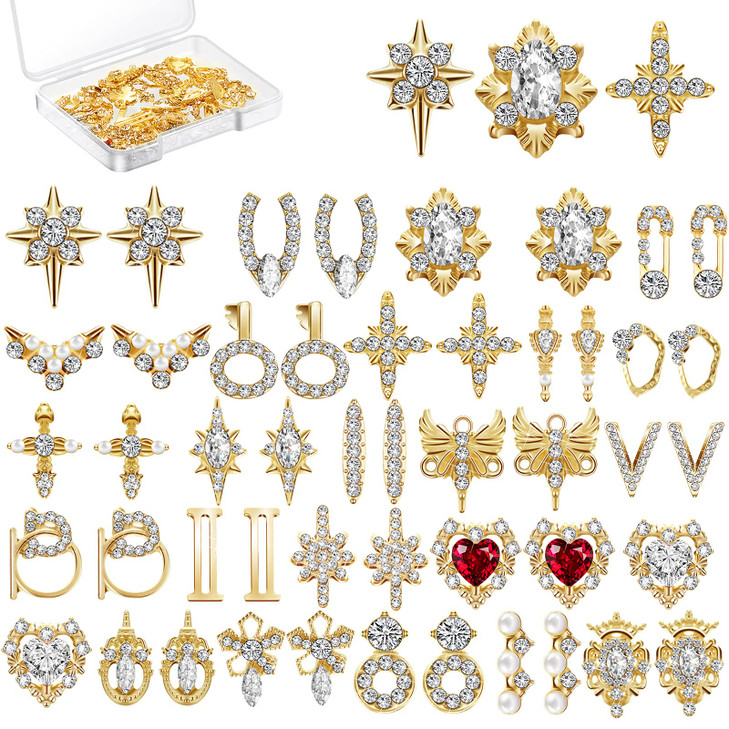 Maitys 48 Pcs Gold Nail Charms Heart Rhinestones Nail Gems Shiny Diamonds 3D Dangle Jewels Metal Crystals Luxury Decoration with Storage Box for Wome