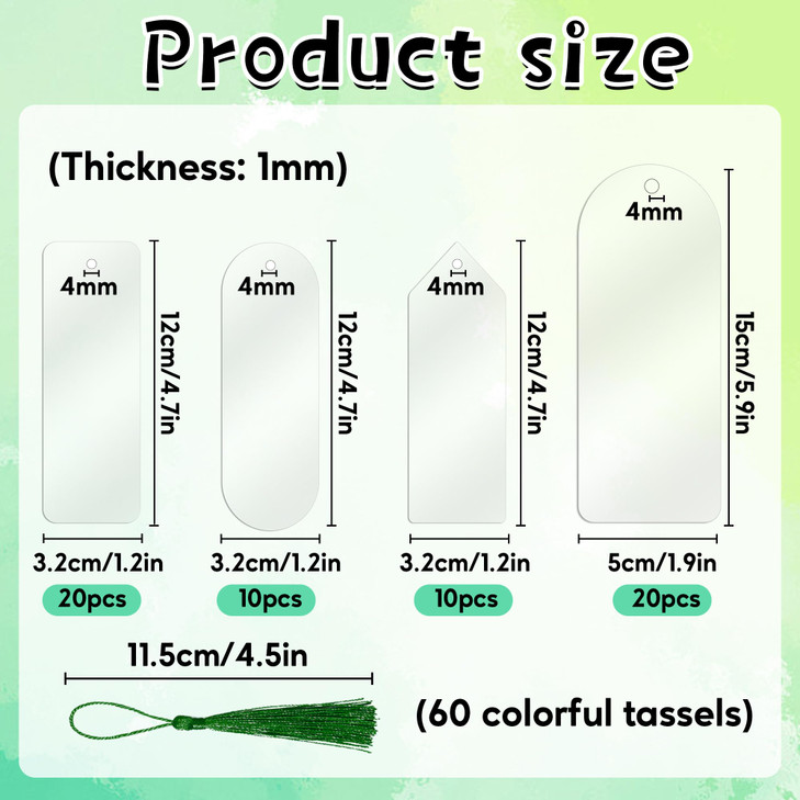 60PCS Acrylic Bookmark Blanks, DIY Bookmark Making Kit Bulk Bookmarks with Tassels for Adults Teacher, Plastic Plain Transparent Clear Blank Book Mar