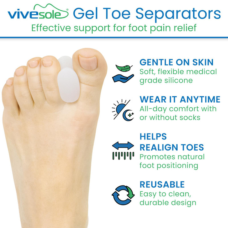 VIVEsole Toe Spreaders for Feet (8 Pack) - Silicone Spacers for Women & Men - Gel Separators for Bunions, Overlapping Toes, Pain Relief - Orthotic Di