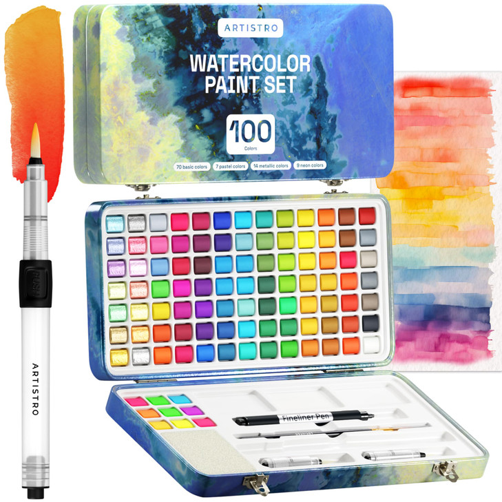 ARTISTRO Watercolor Paint Set, 100 Vivid Colors in Portable Box, Palette set Including Metallic, Fluorescent, Pastel Colors. Perfect Travel Watercolo