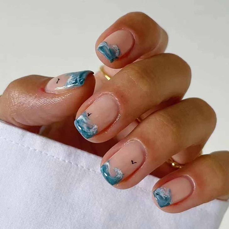 RikView French Tip Press on Nails Short Fake Nails Square Stick on Nails Nails with Waves Design Blue Nails for Women