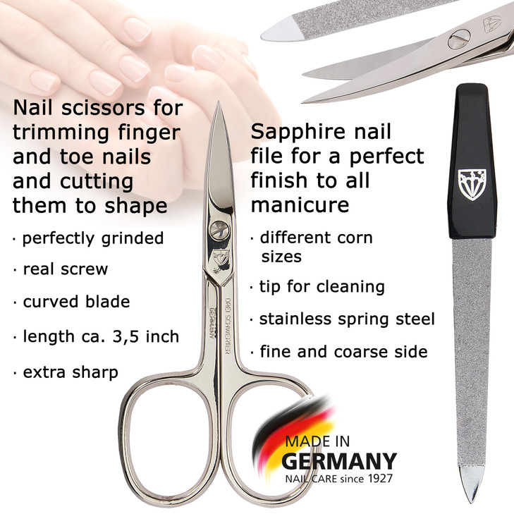 3 Swords Germany - brand quality 3 piece manicure pedicure grooming kit set for professional finger & toe nail care scissors file genuine leather cas