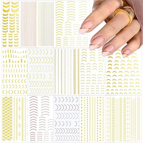 SILPECWEE 14 Sheets Gold Nail Stickers French Line Metallic Curve Strip Nail Decals Self Adhesive Nail Art Stickers Nail Design Stickers 3D Nail Deco