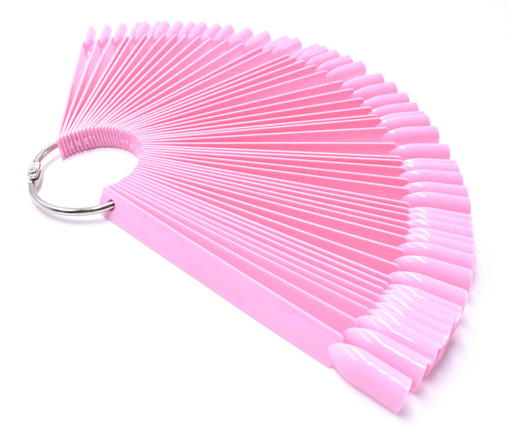 2 Sets 100 Tips Fan Shape Plastic Nail Art Tips Display Polish Board Display Practice Sticks with Metal Split Ring Holder (Pink)