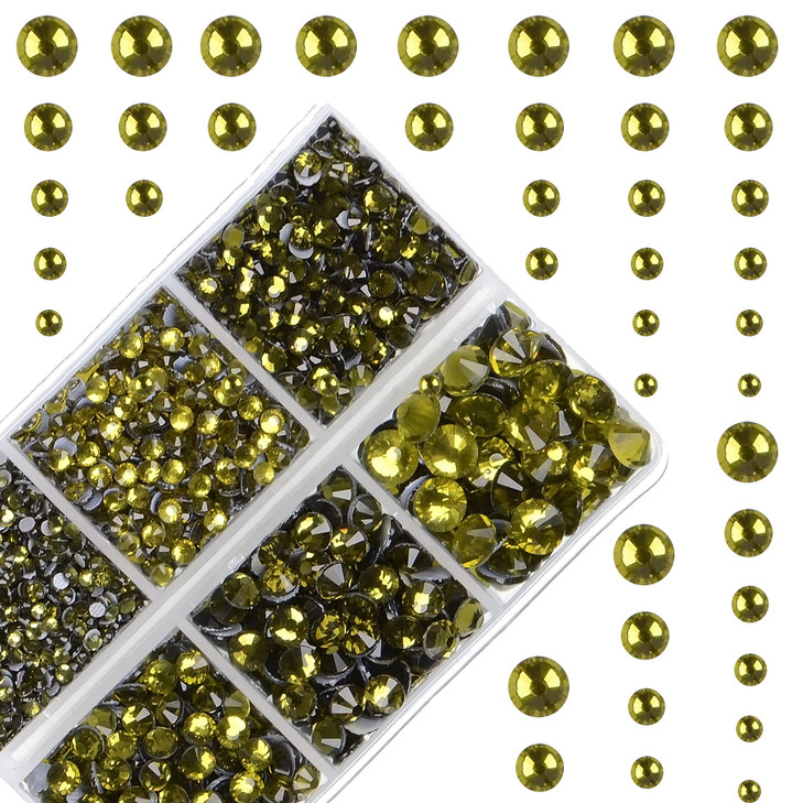 4000Pcs Mixed Size Hot Fix Round Crystals Gems Glass Stones Hotfix Flat Back Rhinestones (Olivine)