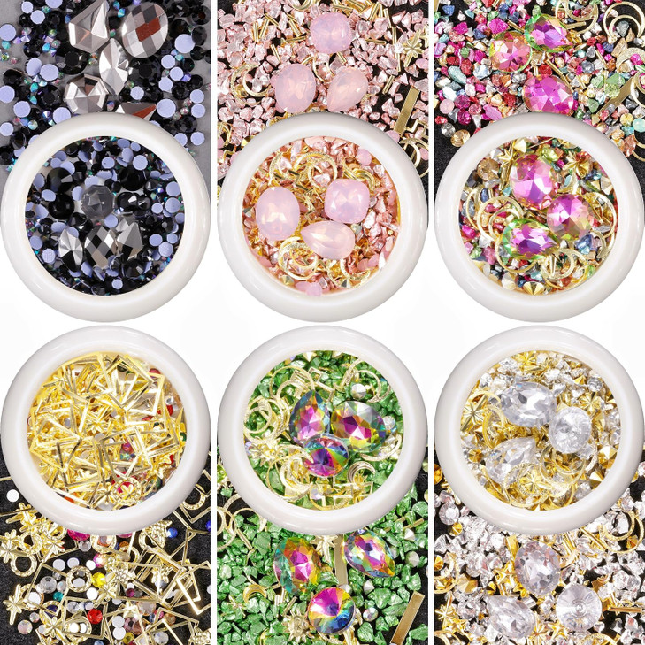 editTime 6 Wheels Mixed Sparkle Nail Art Rhinestones Diamonds Crystals Beads Artificial Pearls and Gold Silver Nail Studs Gems Metal Rivets Charms Ho