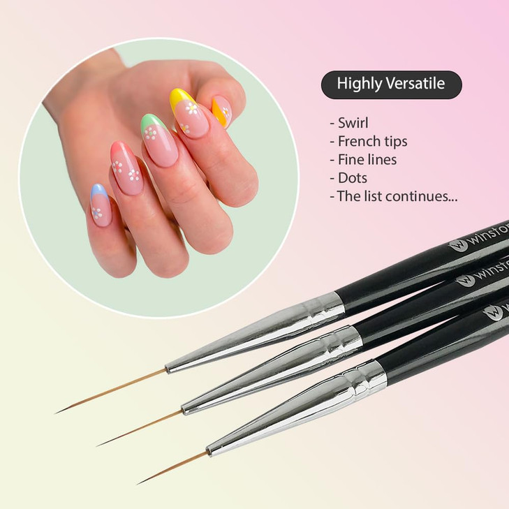 Winstonia Striping Nail Art Brushes for Long Lines, Details, Fine Designs. 3 pcs Striper Brushes with Caps - AMAZING TRIO