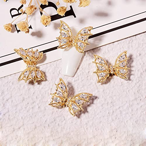Tinsow 4 Pcs Nail Diamond Metal Nail Art Butterfly Jewelry Crystal Strass Moving Wings Butterfly Nail Diamond Stones Wedding Charms Accessories (Gold