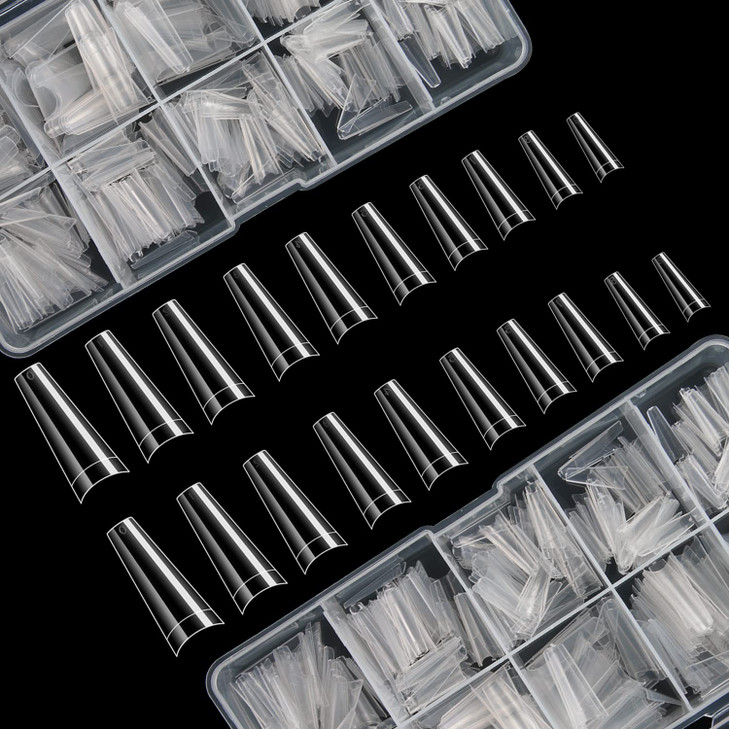 FEBSNOW 1000 PCS French Coffin Ballerina Nail Tips Acrylic Nails Artificial Half False Flake Nail Tips 10 Sizes with Boxes Clear Plastic Cases for Na