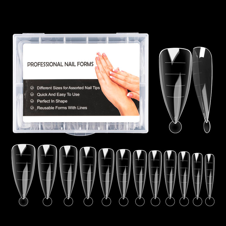 NMKL38 Clear Dual Forms Acrylic Nail System UV Gel Nail Mold Full Cover Fasle Nail Tips with Scale 12 Size Manicure Pedicure Tools for Polygel Nail T