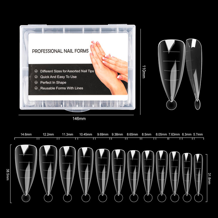 NMKL38 Clear Dual Forms Acrylic Nail System UV Gel Nail Mold Full Cover Fasle Nail Tips with Scale 12 Size Manicure Pedicure Tools for Polygel Nail T