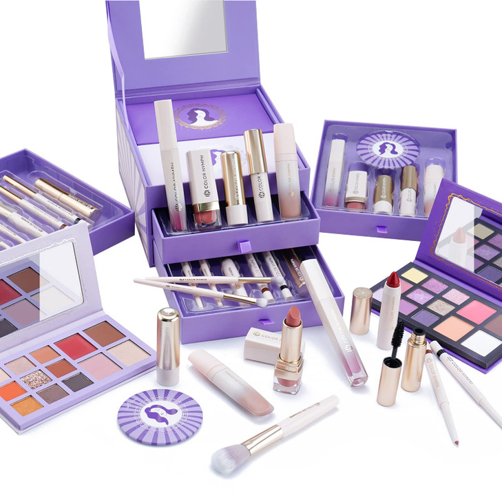 Color Nymph Makeup Gift Set For Teens, Full Kit With Make Up Kits Beginner Makeup Sets with Paper Exquisite Purple Cosmetics Box 2 Eyeshadow Palettes