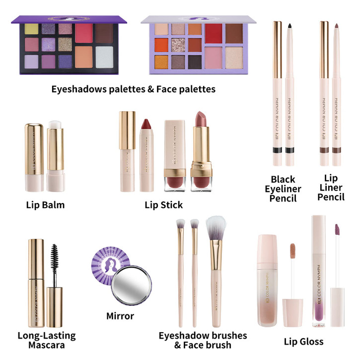 Color Nymph Makeup Gift Set For Teens, Full Kit With Make Up Kits Beginner Makeup Sets with Paper Exquisite Purple Cosmetics Box 2 Eyeshadow Palettes